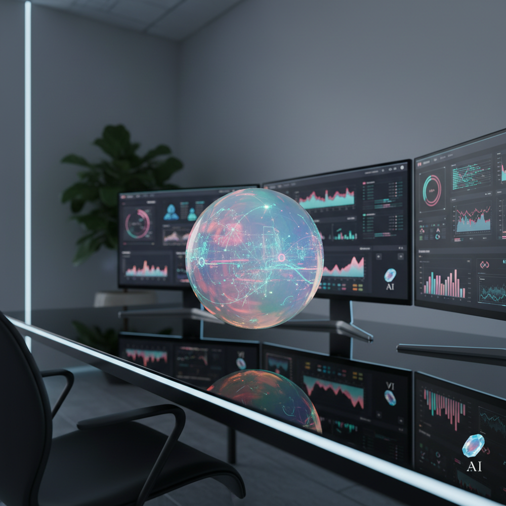 A luminous, semi-transparent opal sphere floating above a polished black glass desk, its surface shifting with subtle patterns of data streams, graphs, and AI network connections in cyan and magenta. Around it, multiple large, ultra-thin monitors display dashboards and experiment results, all branded with a small, tasteful Opal AI icon. The room is a minimalist, high-end workspace with matte gray walls and a single potted plant in the background. Cool, directional LED strip lighting under the desk and behind the monitors creates a halo effect. Captured from a slightly elevated angle, shallow depth of field emphasizes the glowing opal AI core, evoking precision, experimentation, and advanced analytics.