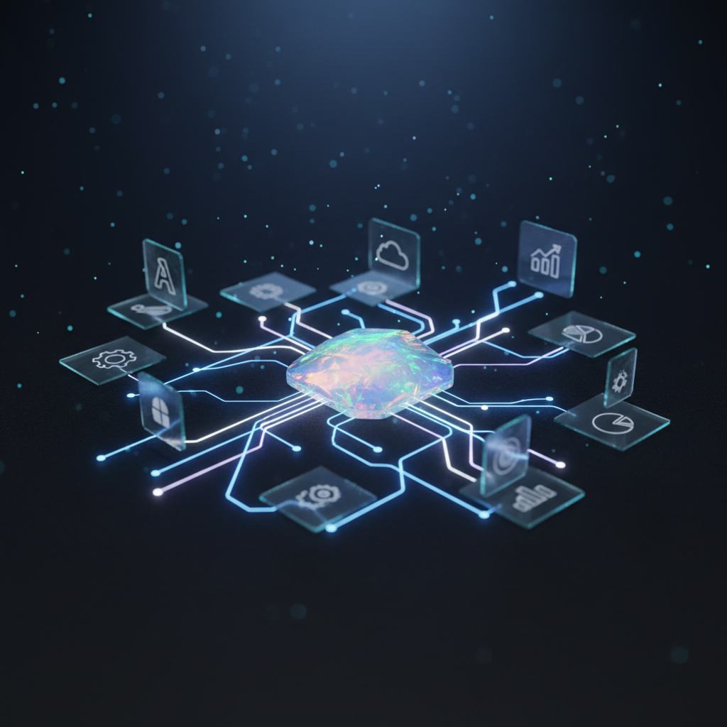 An abstract representation of Opal AI integrations: a dark, matte surface intersected by clean, glowing pathways of light connecting multiple floating, glass-like tiles labeled with faint, generic app icons and charts. At the center, a larger opal-textured node radiates soft, multicolored iridescence, suggesting the Opal AI engine orchestrating everything. The environment is a deep, unfocused gradient background in navy and charcoal, with subtle particle effects adding depth. Soft studio lighting enhances reflections on the glass tiles without overpowering the central opal node. Shot straight-on with a wide composition, everything is in sharp focus. The mood is professional, orderly, and quietly powerful, ideal for illustrating robust integrations and ecosystem maps.