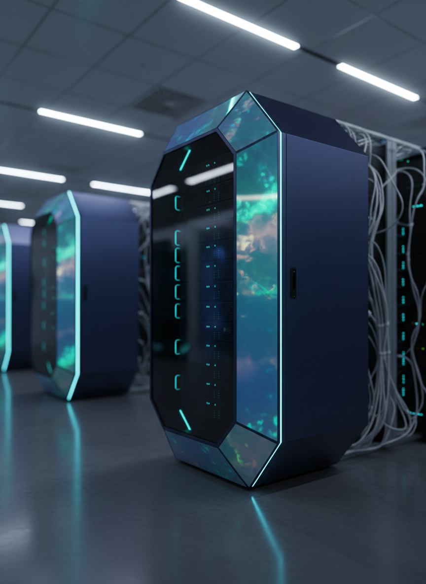 A sleek, midnight-blue cloud server rack subtly shaped like an opal gemstone, its panels glowing with soft, iridescent hues of teal, violet, and white light. The rack stands in a spotless, modern data center with reflective charcoal flooring and neatly organized cables. Cool, diffused overhead LED lighting mingles with the server’s opalescent glow, casting gentle reflections across the floor. Photographed at eye level with a slight three-quarter angle, the foreground is in crisp focus while distant racks fade into a soft bokeh. The atmosphere feels cutting-edge yet calm, conveying reliability, innovation, and enterprise-grade AI infrastructure in clean photographic realism.